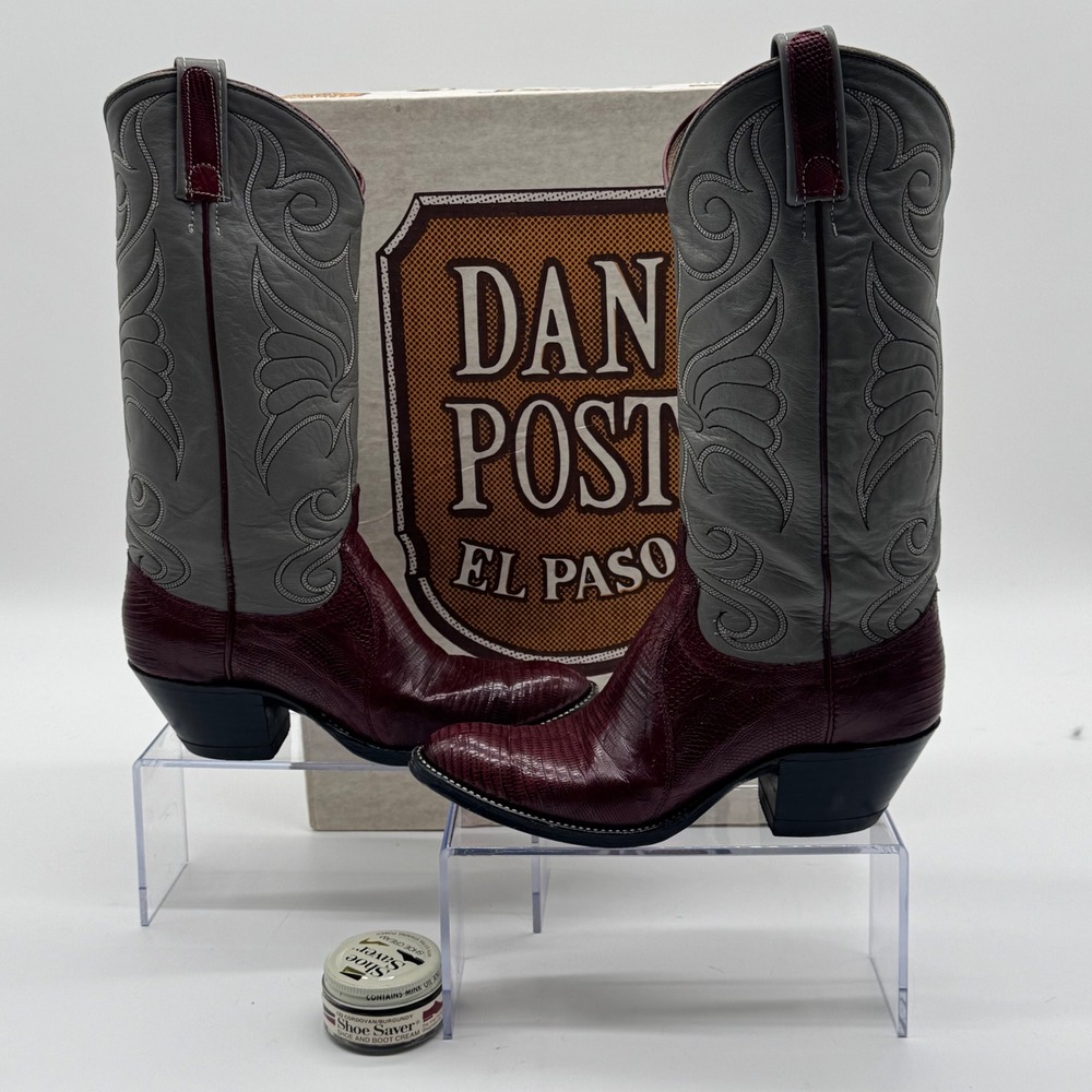 Dan Post El Paso Burgundy Lizard Grey Leather Western Boots Womens 8 Mens 6.5C